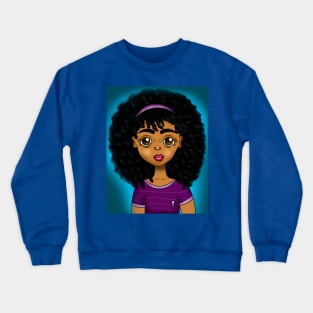 Cute brown skin girl with big curls on blue background Crewneck Sweatshirt